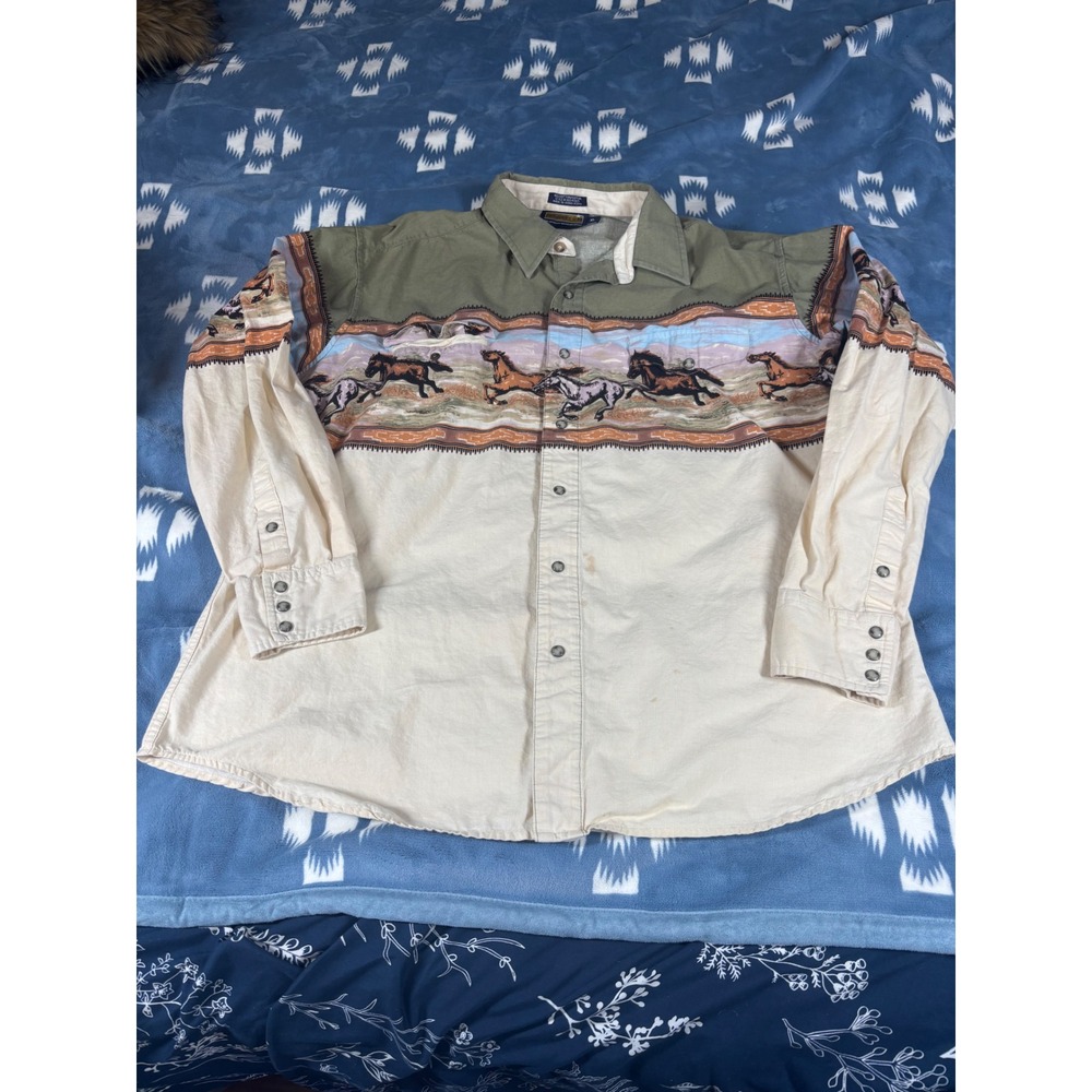 Panhandle Slim Mens XL Western Horse Graphic Snap Button Shirt Green 30S4965
